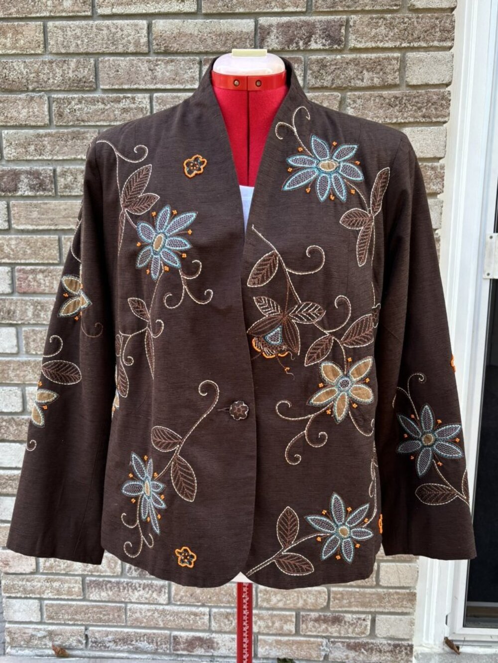 Silkland 75% Silk Embroidered Floral Jacket Blazer Brown 1X